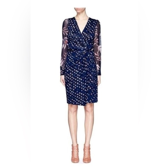 Diane Von Furstenberg Navy and Pink Floral Long Sleeve Dress - Picture 1 of 5